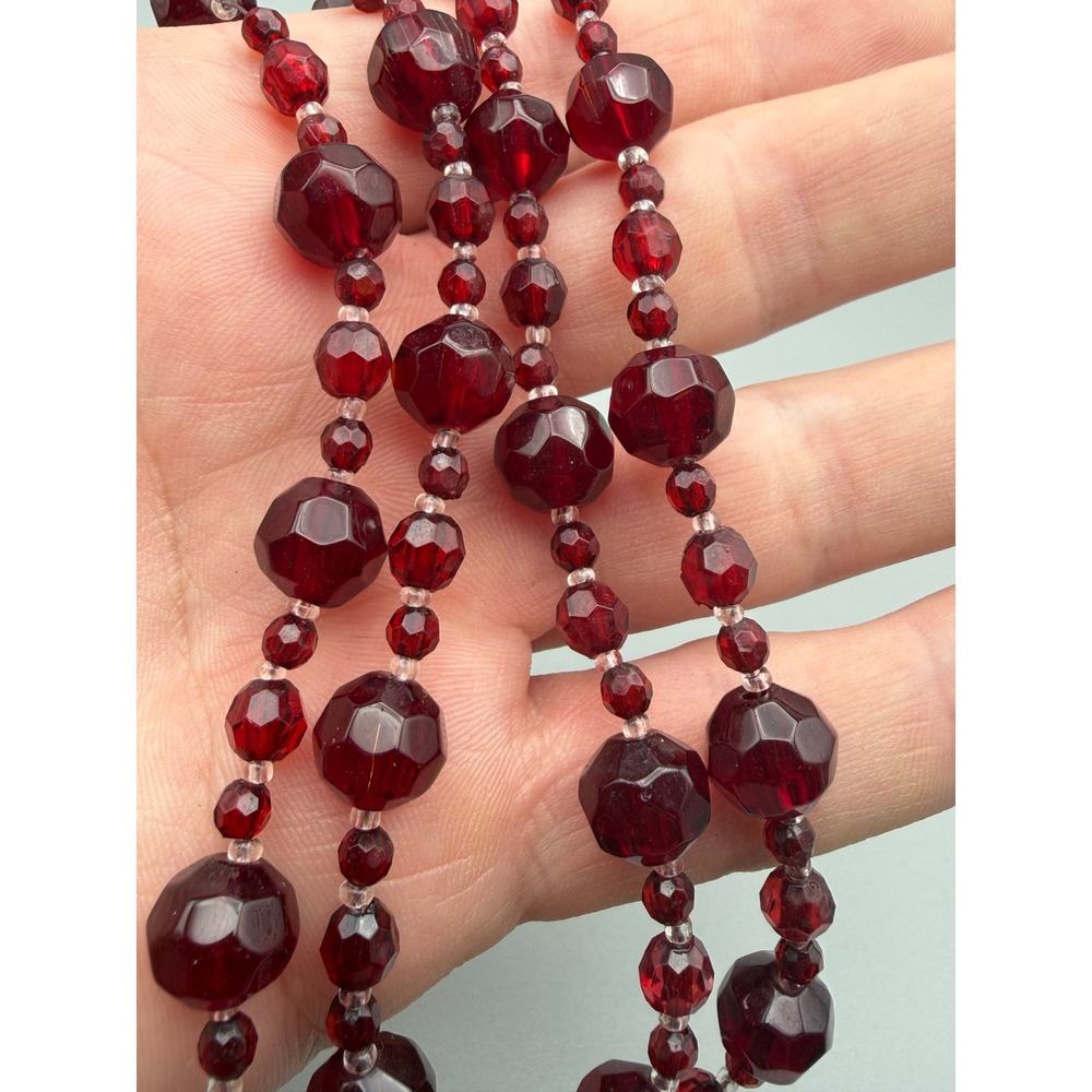 Vintage Ruby Red Faceted Glass Bead Double Strand Necklace Art Deco Style #1165